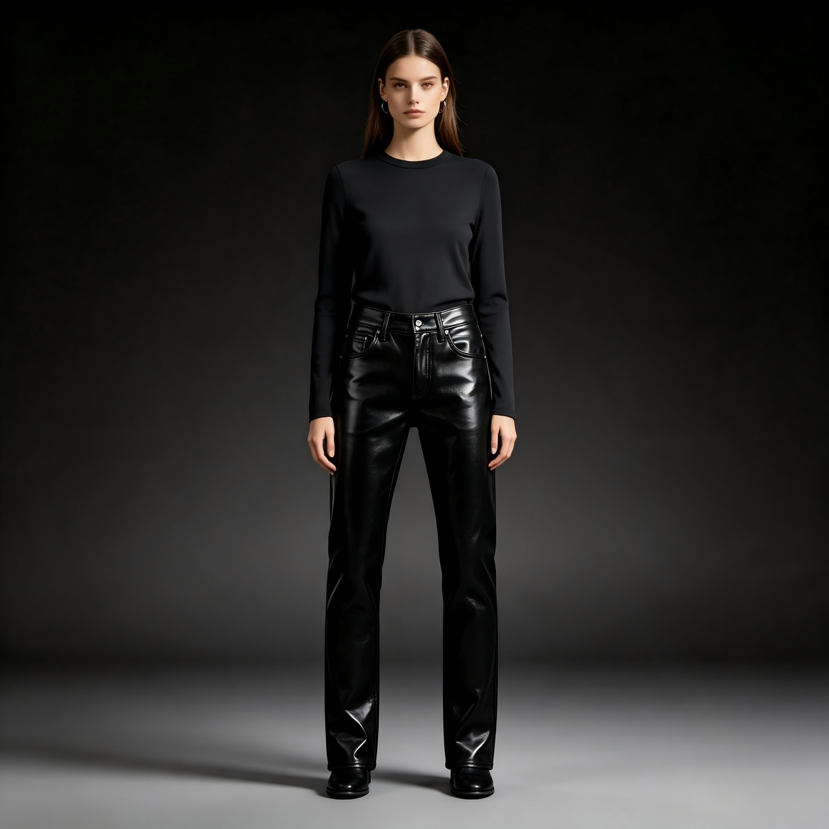 High Waist Shiny Faux Leather Straight Leg Pants Women Black Vegan Leather Slim Full Length Trousers