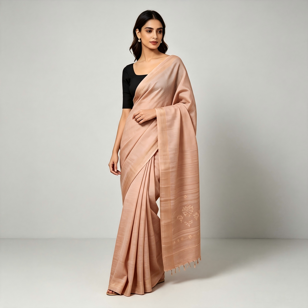 Sage Green Light Cotton Saree with Hand Embroidery Leaf Border | Elegant Casual Daywear Sari with Beige Blouse
