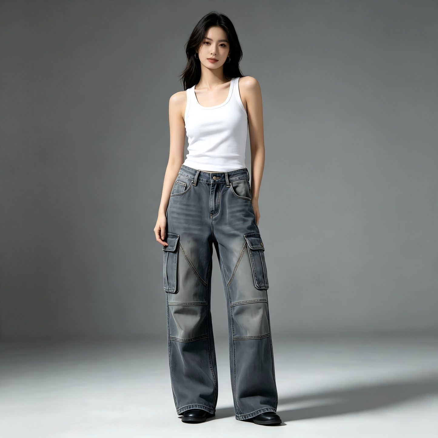 Vintage Grey Wash Cargo Wide Leg Jeans Women High Waist Multi Pocket Baggy Denim Utility Pants