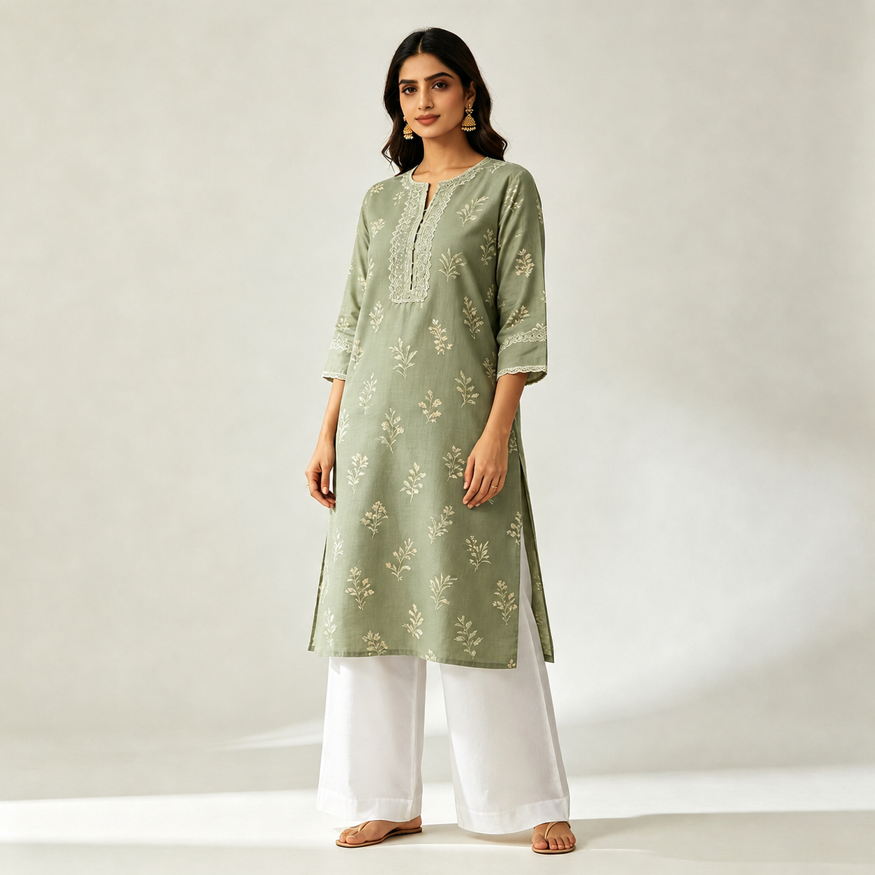 Sage Green Leaf Embroidered Straight Kurta Set