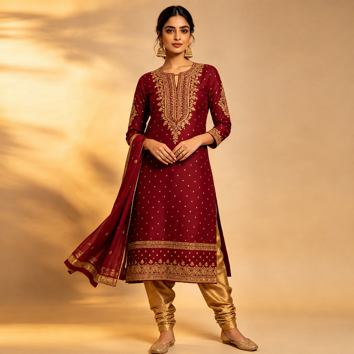 Maroon Gold Zari Embroidered Straight Kurta Set with Dupatta