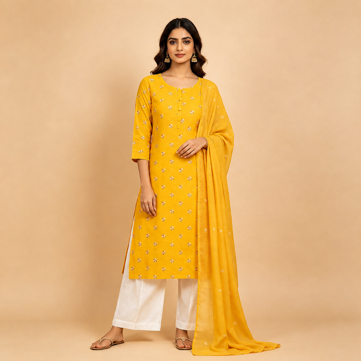 Mustard Yellow Floral Embroidered Kurta Set with Dupatta