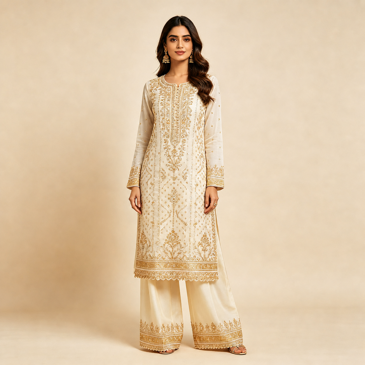 Cream Gold All-Over Embroidered Kurta Set with Palazzo
