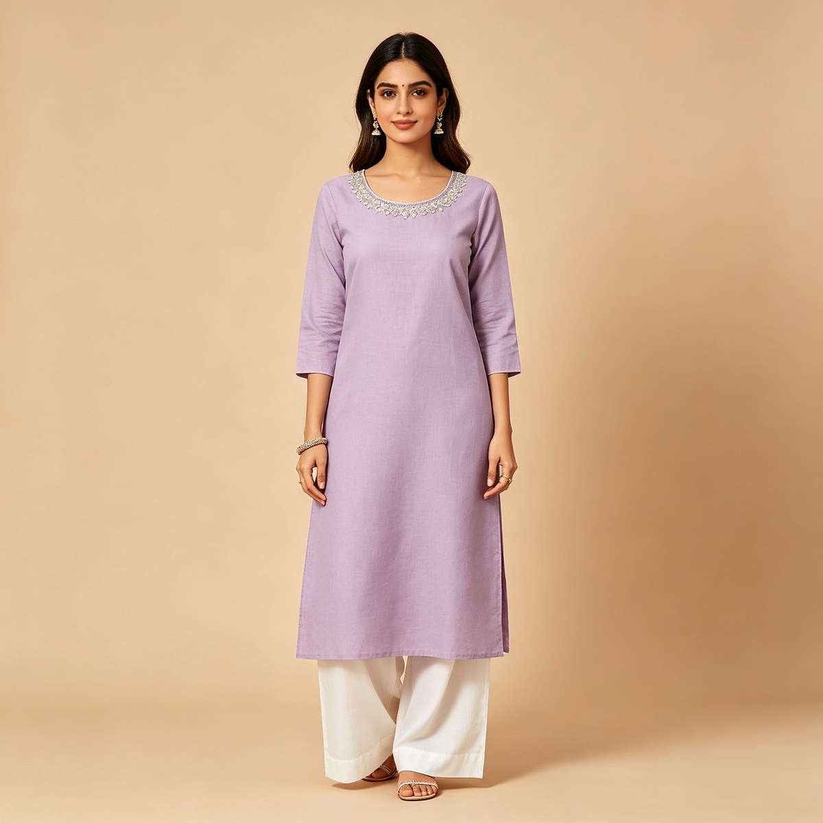 Lavender Silver Embellished Neck Straight Kurta