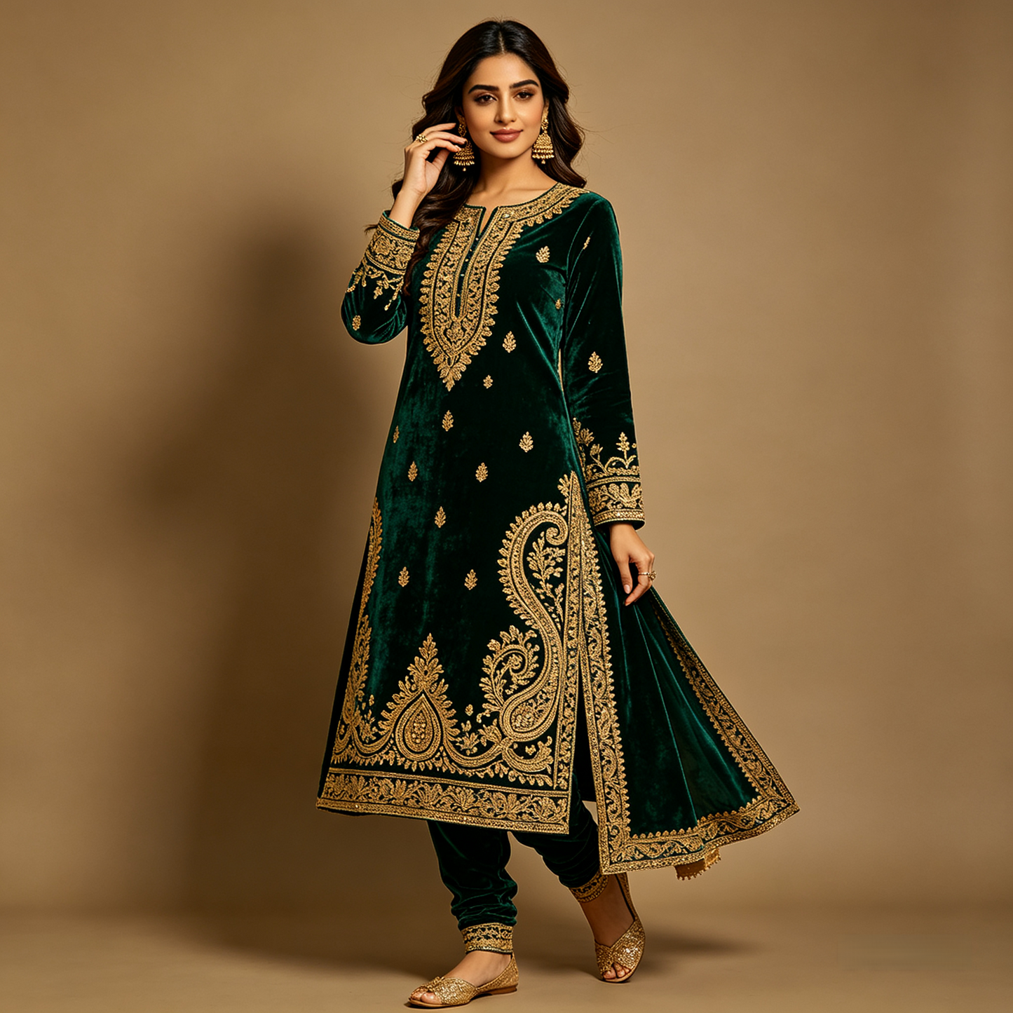 Emerald Green Velvet Gold Embroidered Kurta Set