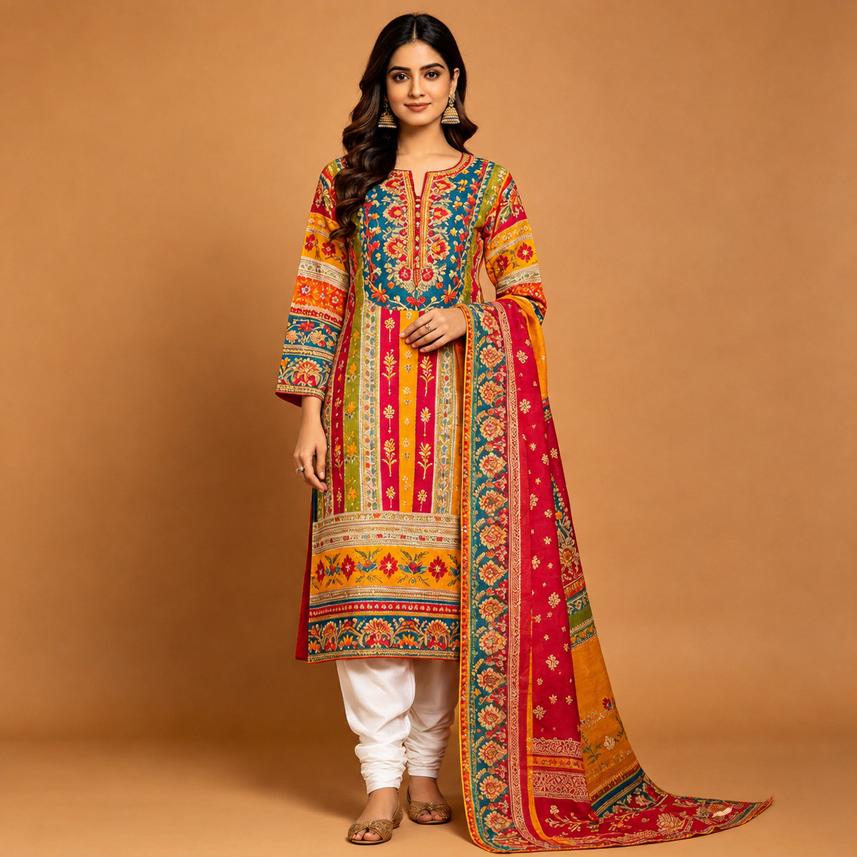 Cream Gold Floral Embroidered Straight Kurta Set