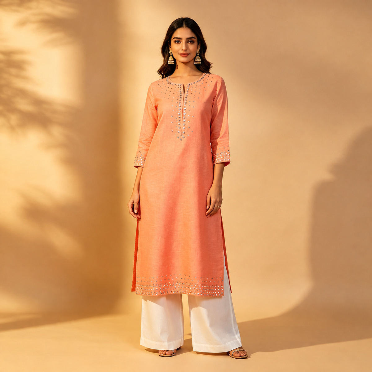 Peach Mirror Embellished Straight Kurta