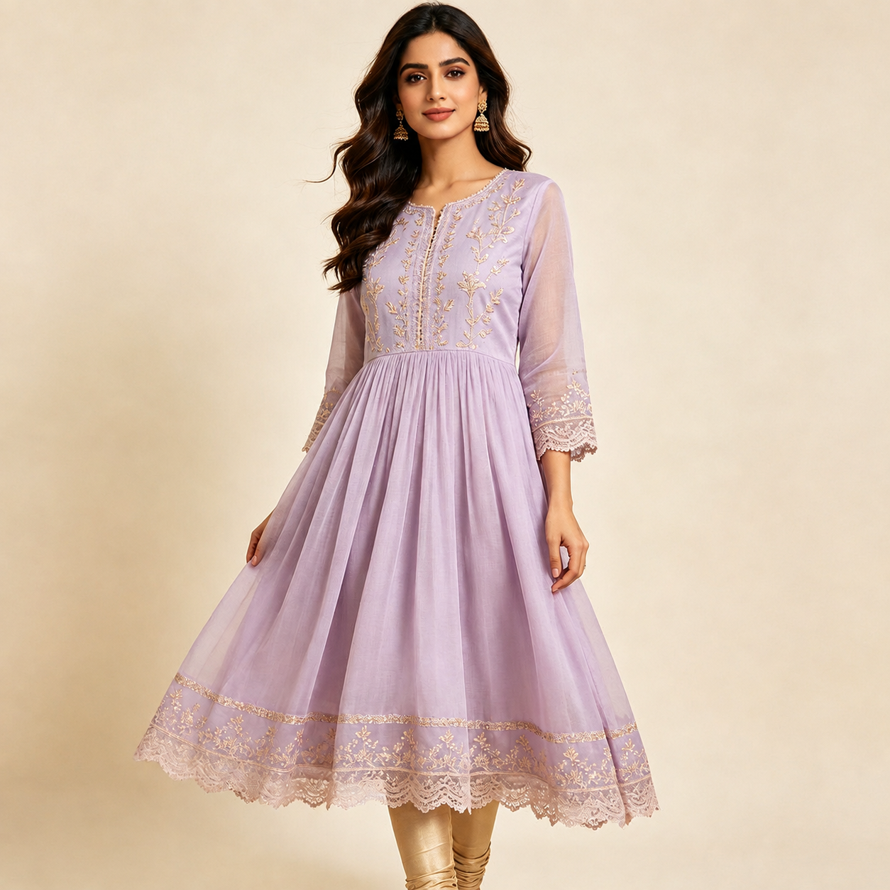 Lavender Gold Embroidered Flared Anarkali Kurta