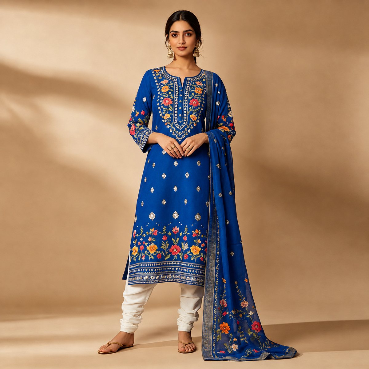 Royal Blue Multicolor Floral Embroidered 3-Piece Kurta Set with Dupatta
