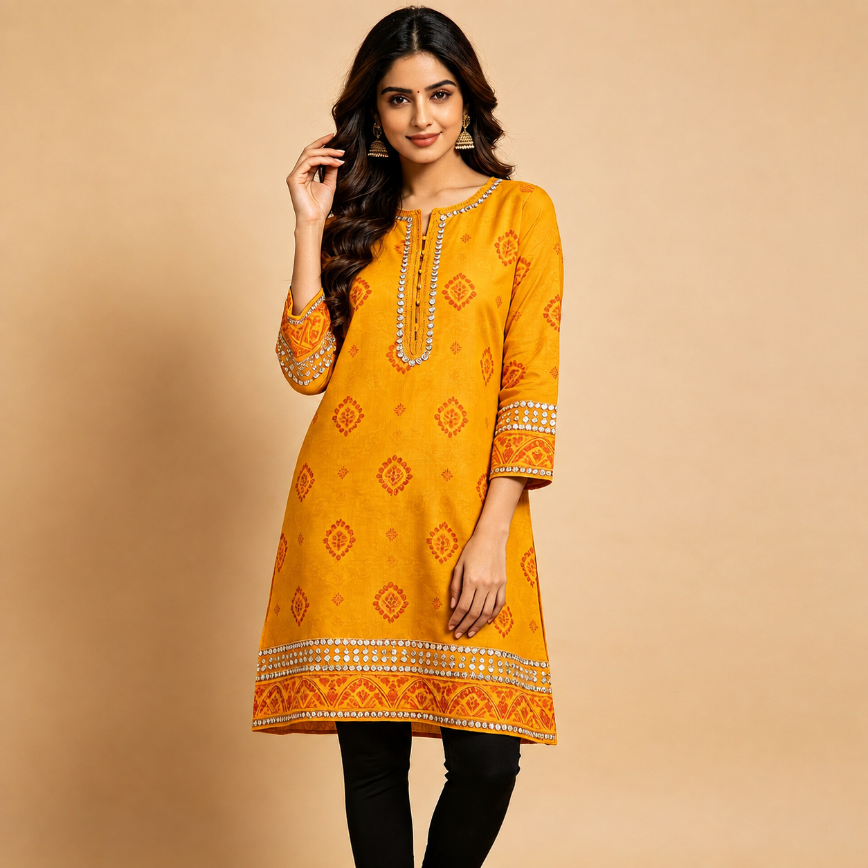Mustard Yellow Diamond Motif Embellished Straight Kurta