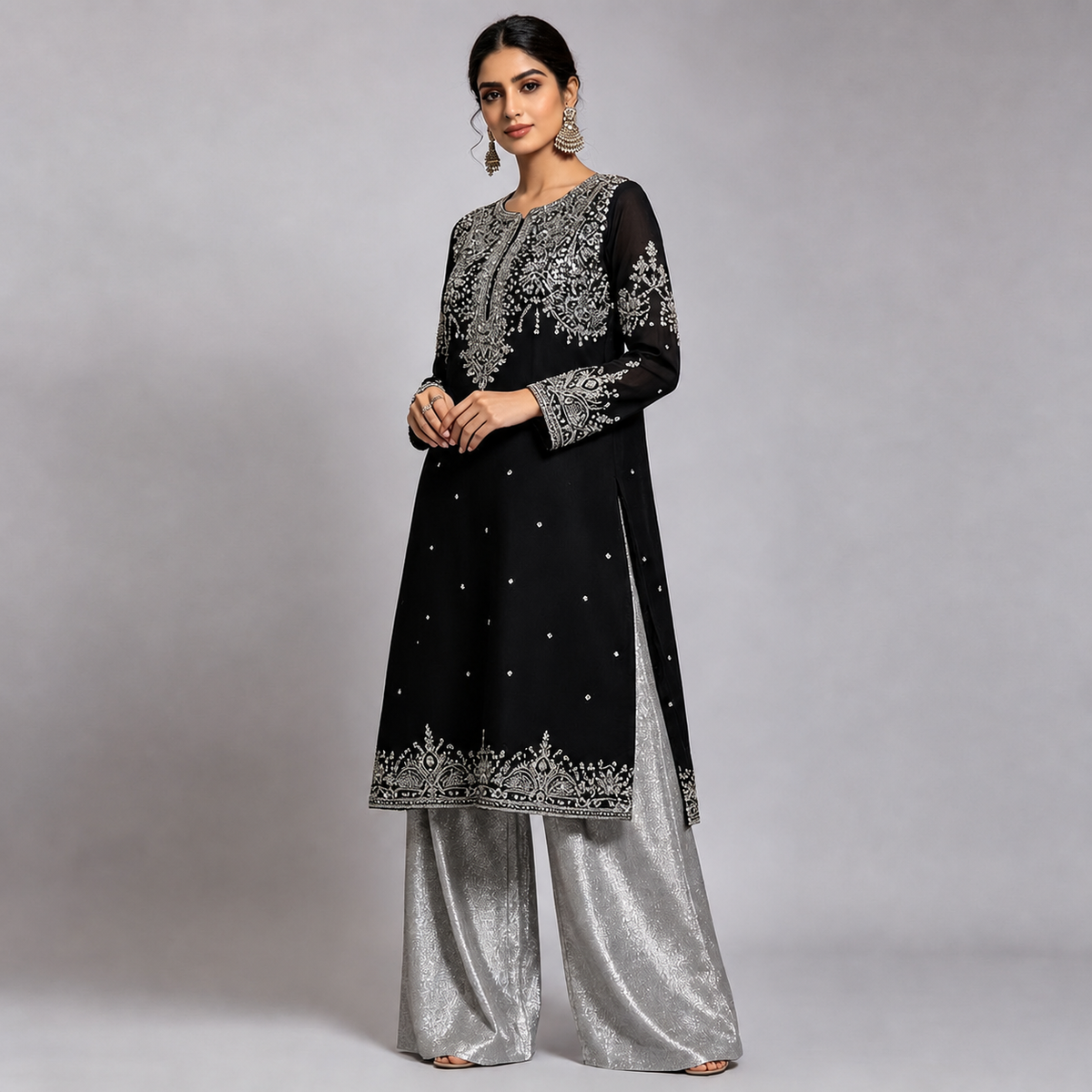 Black Silver Embellished Yoke Kurta Set with Metallic Palazzo