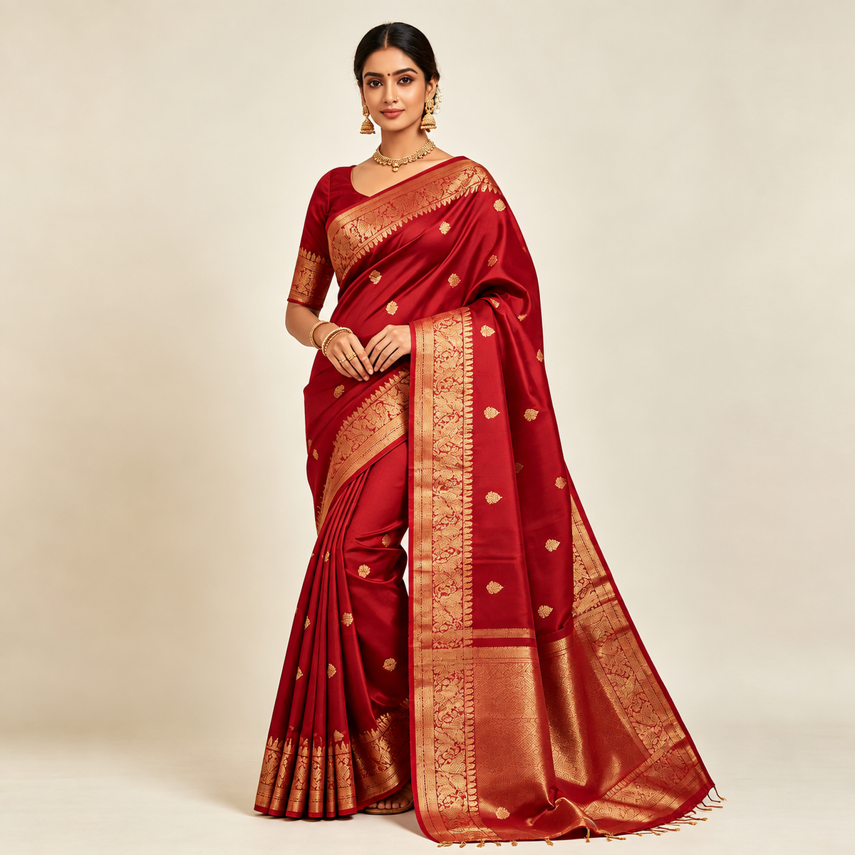 Maroon Pure Katan Silk Banarasi Saree — Gold Zari Buti & Brocade Border