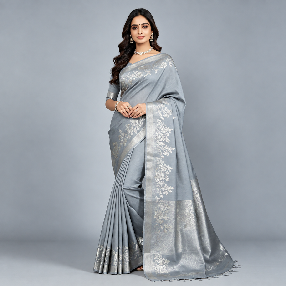 Dusky Grey Pure Silk Banarasi Saree — Silver Zari Floral Jaal & Brocade Border
