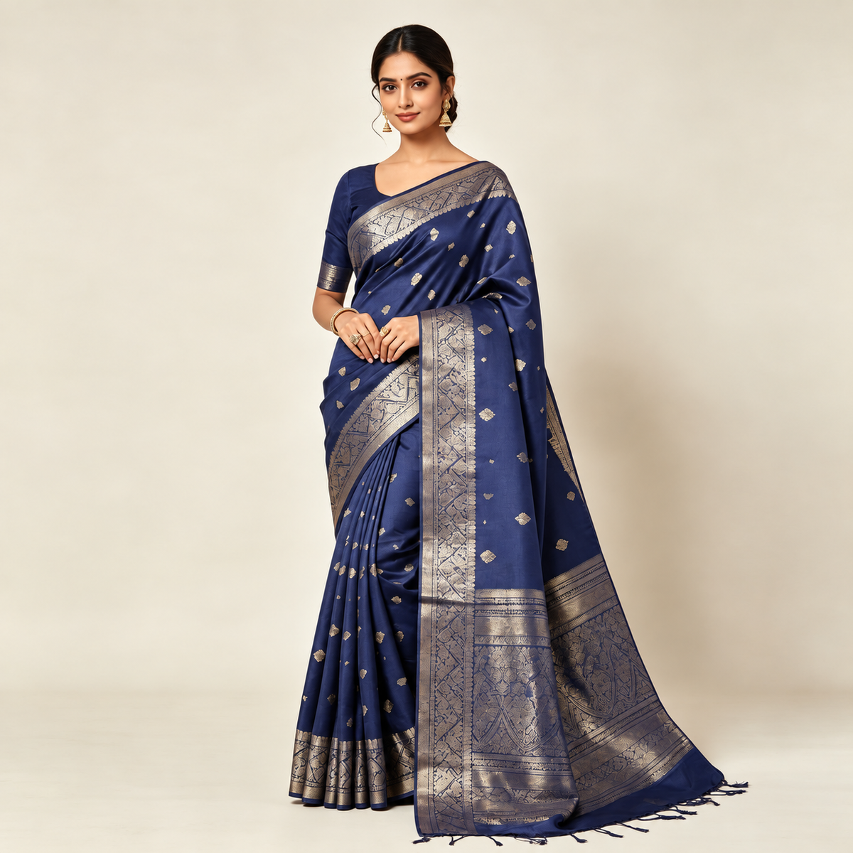 Navy Blue Pure Silk Banarasi Saree — Antique Gold Zari Buti & Brocade Border