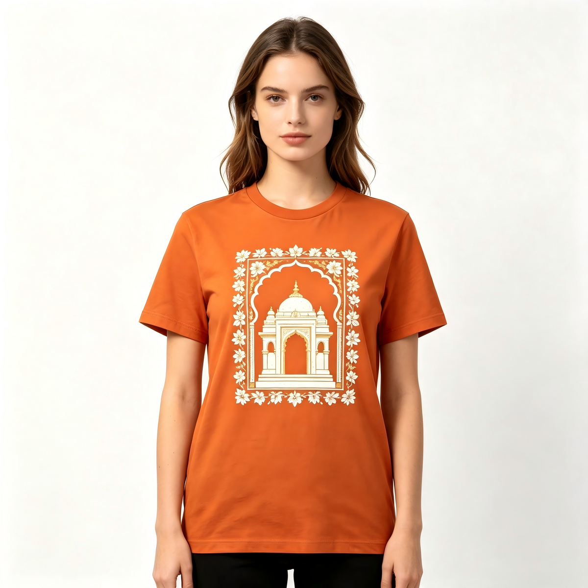 Women Orange Mughal Temple Floral Frame Embroidery T-Shirt, Ethnic Architecture Short Sleeve Top