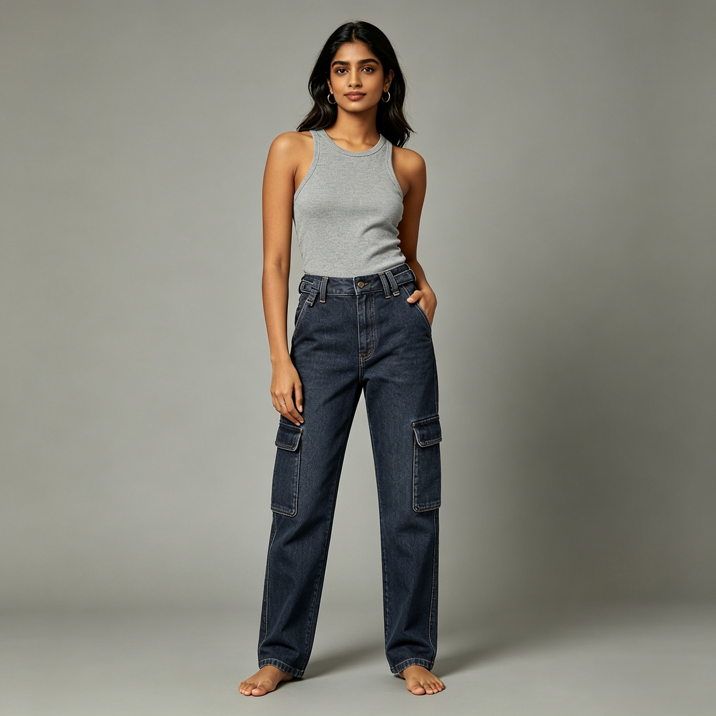 Dark Indigo High-Rise Cargo Straight-Leg Jeans