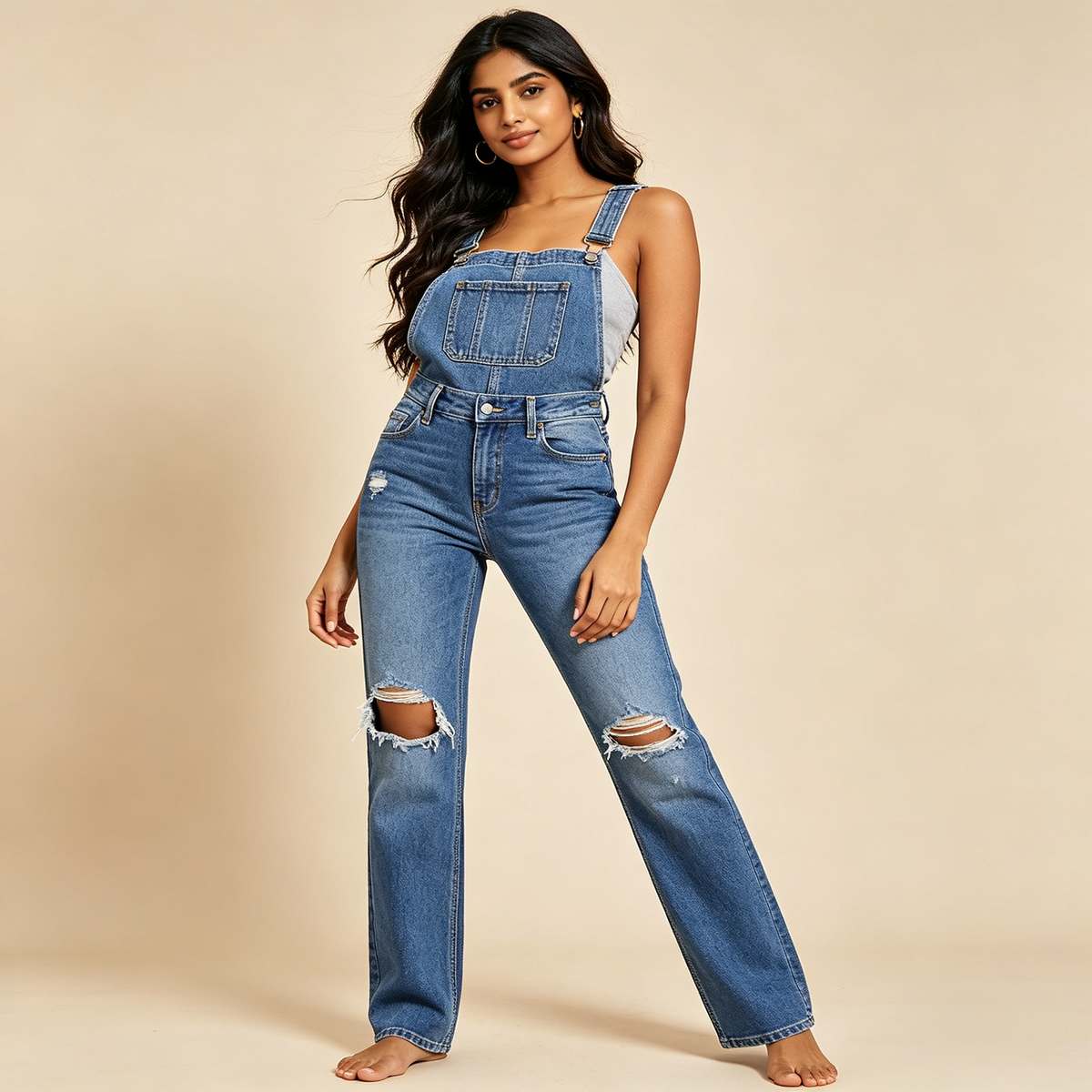 Medium Blue Distressed Denim Dungarees — Ripped Straight-Leg Overalls