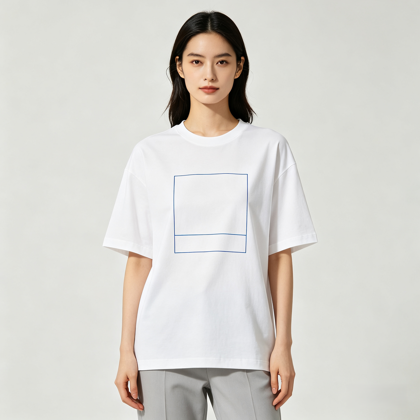 White Minimal Blue Square Line Art Oversized Cotton T-Shirt