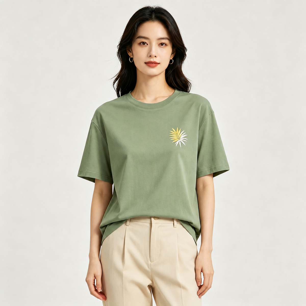Sage Green Palm Leaf Embroidered Cotton T-Shirt