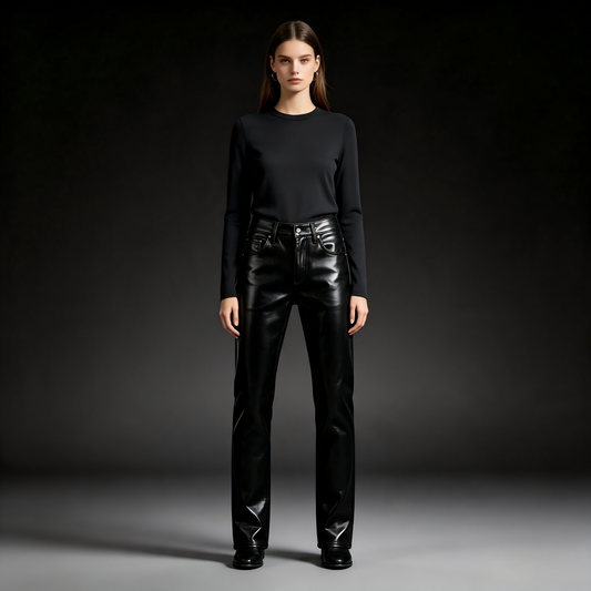High Waist Shiny Faux Leather Straight Leg Pants Women Black Vegan Leather Slim Full Length Trousers