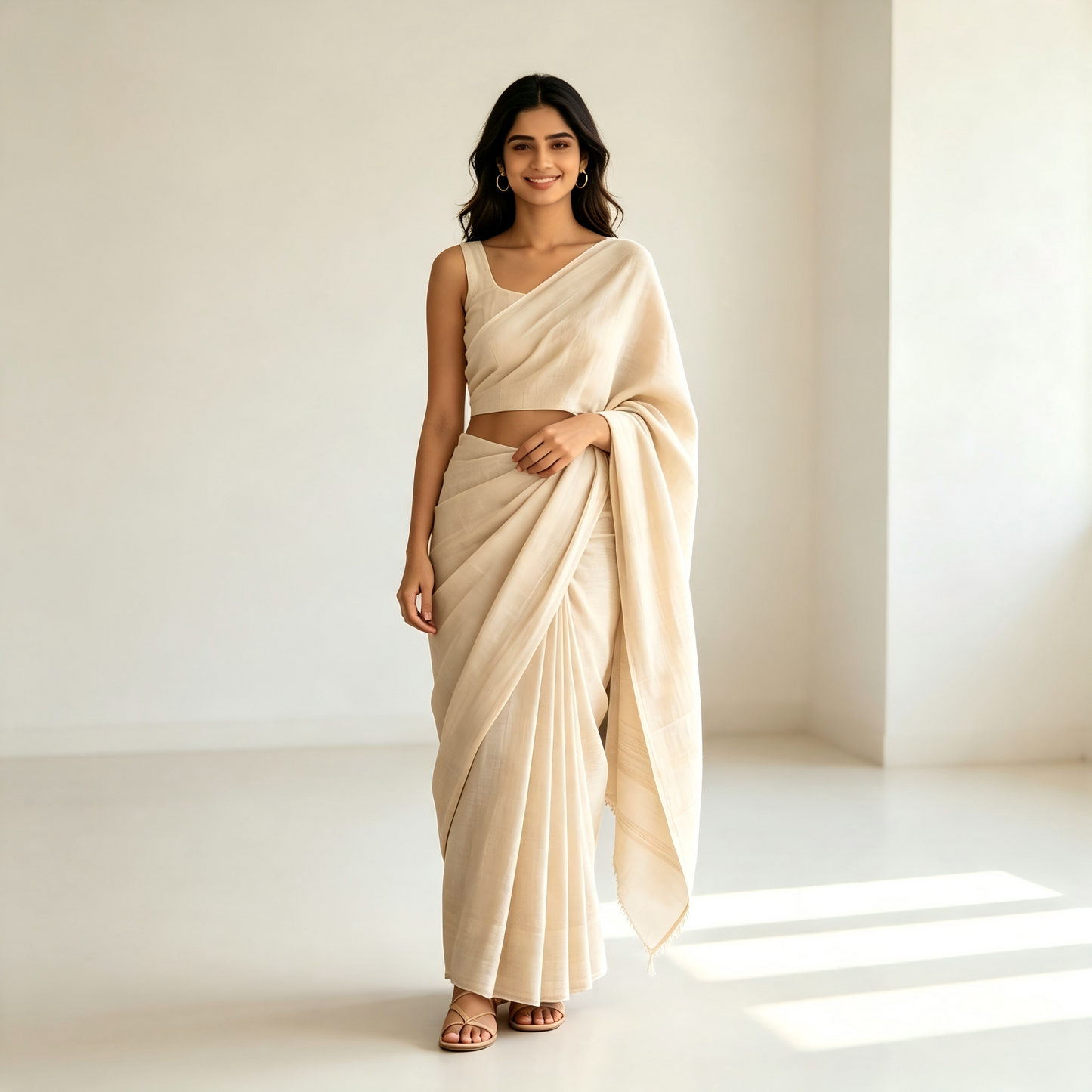 Pure Cream Handloom Cotton Saree Plain Solid Drape