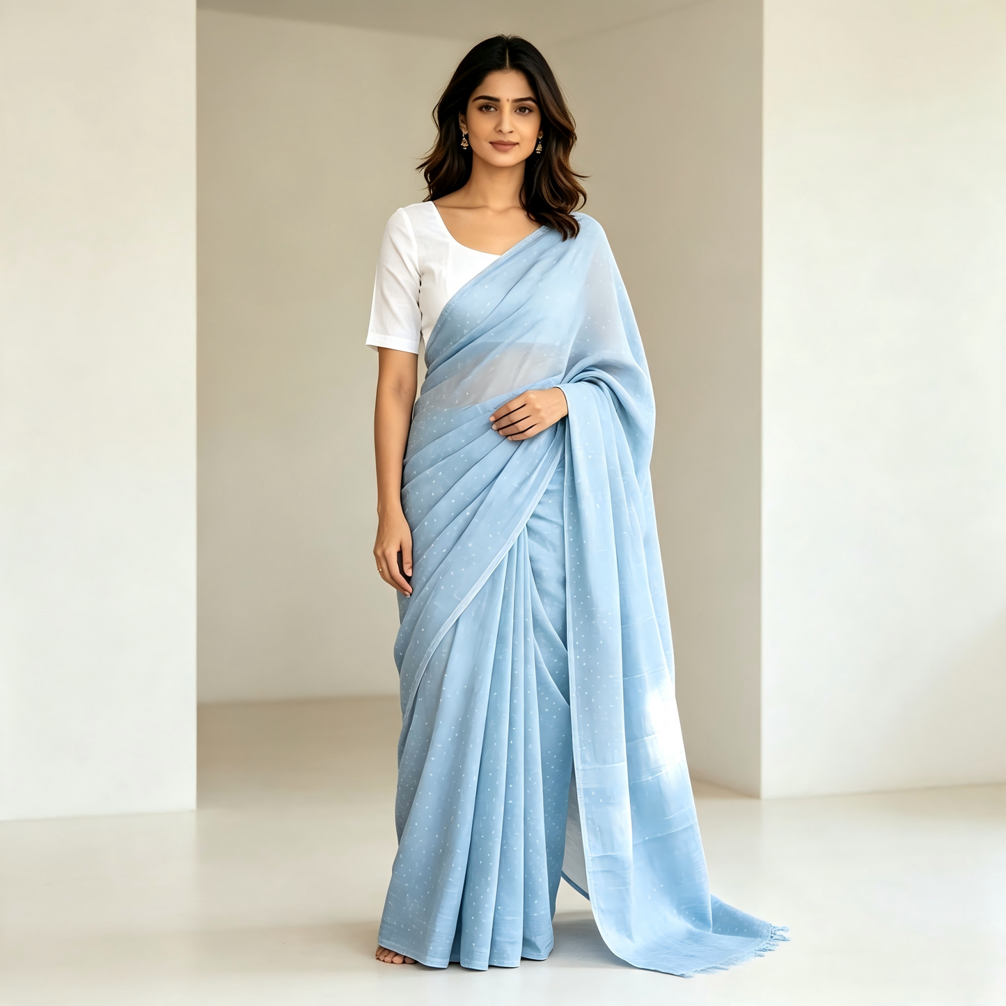 Pastel Sky Blue Sheer Cotton Saree with Tiny Micro Dot Print