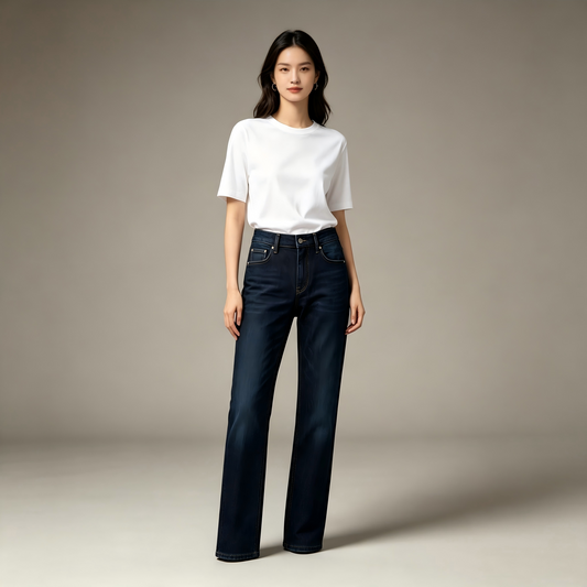 Women High Waist Dark Blue Straight Leg Denim Jeans, Classic Full Length Casual Daily Jeans For Ladies