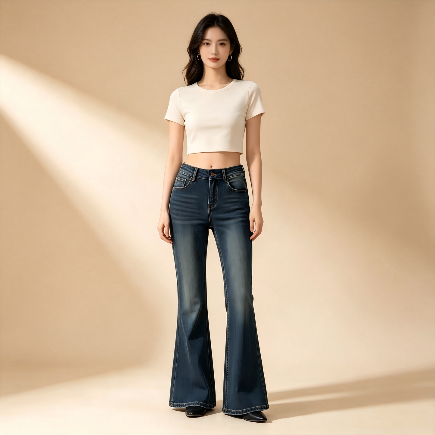 Women High Waist Vintage Flared Denim Jeans, Slim Bootcut Bell Bottom Full Length Retro Jeans