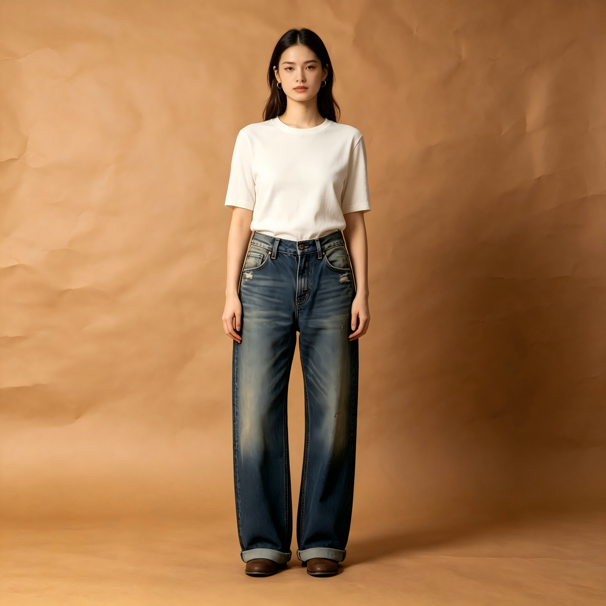 Vintage Distressed Cuffed Straight Leg Jeans Women High Waist Loose Retro Washed Denim Pants