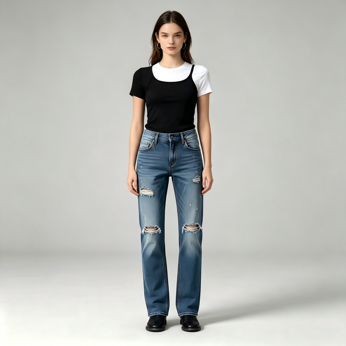 Light Blue Ripped Distressed Straight Leg Jeans For Women High Waist Casual Destroyed Denim Pants Streetwear