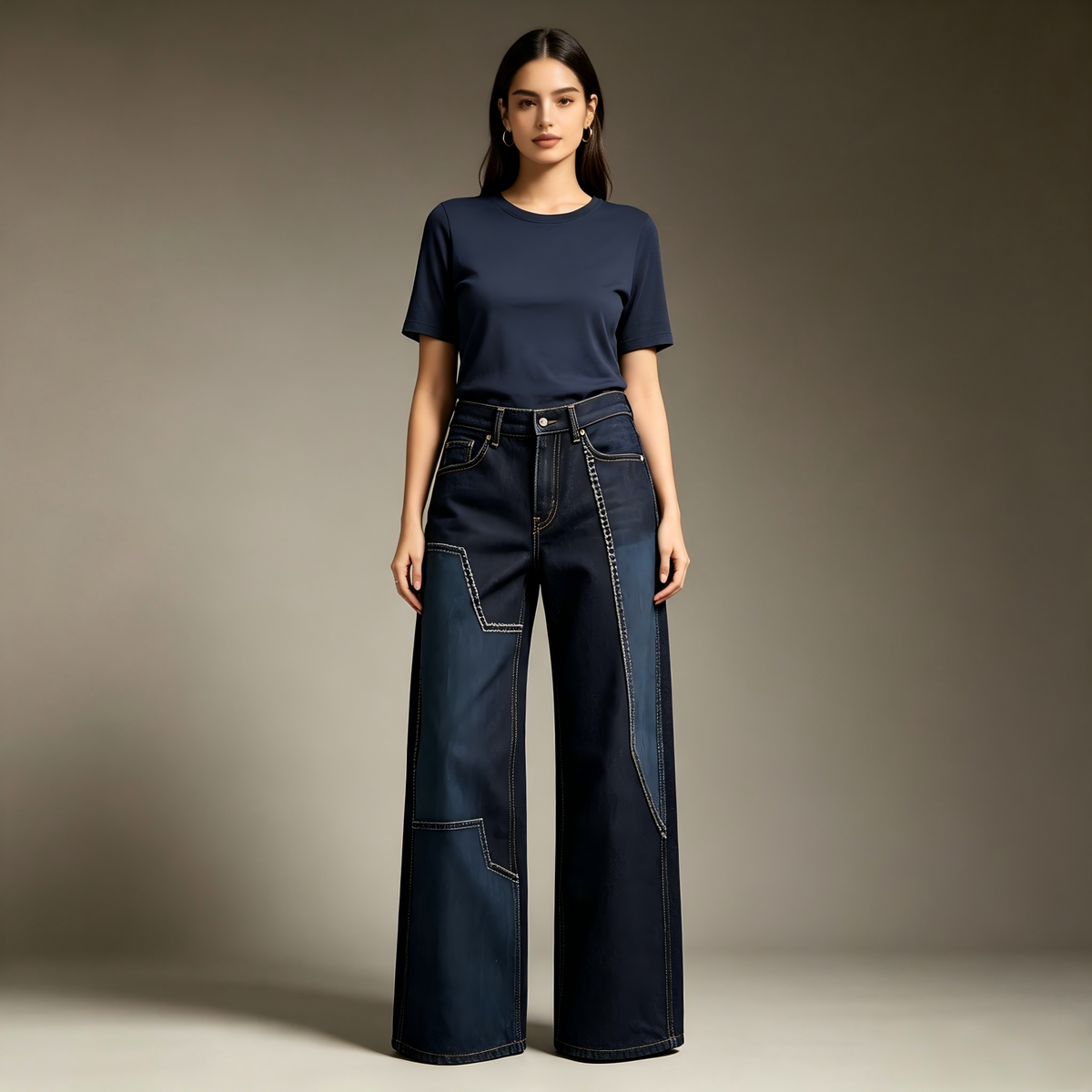 Two-Tone Patchwork Wide Leg Cargo Jeans Women High Waist Oversized Panel Denim Trousers Fashion Streetwear