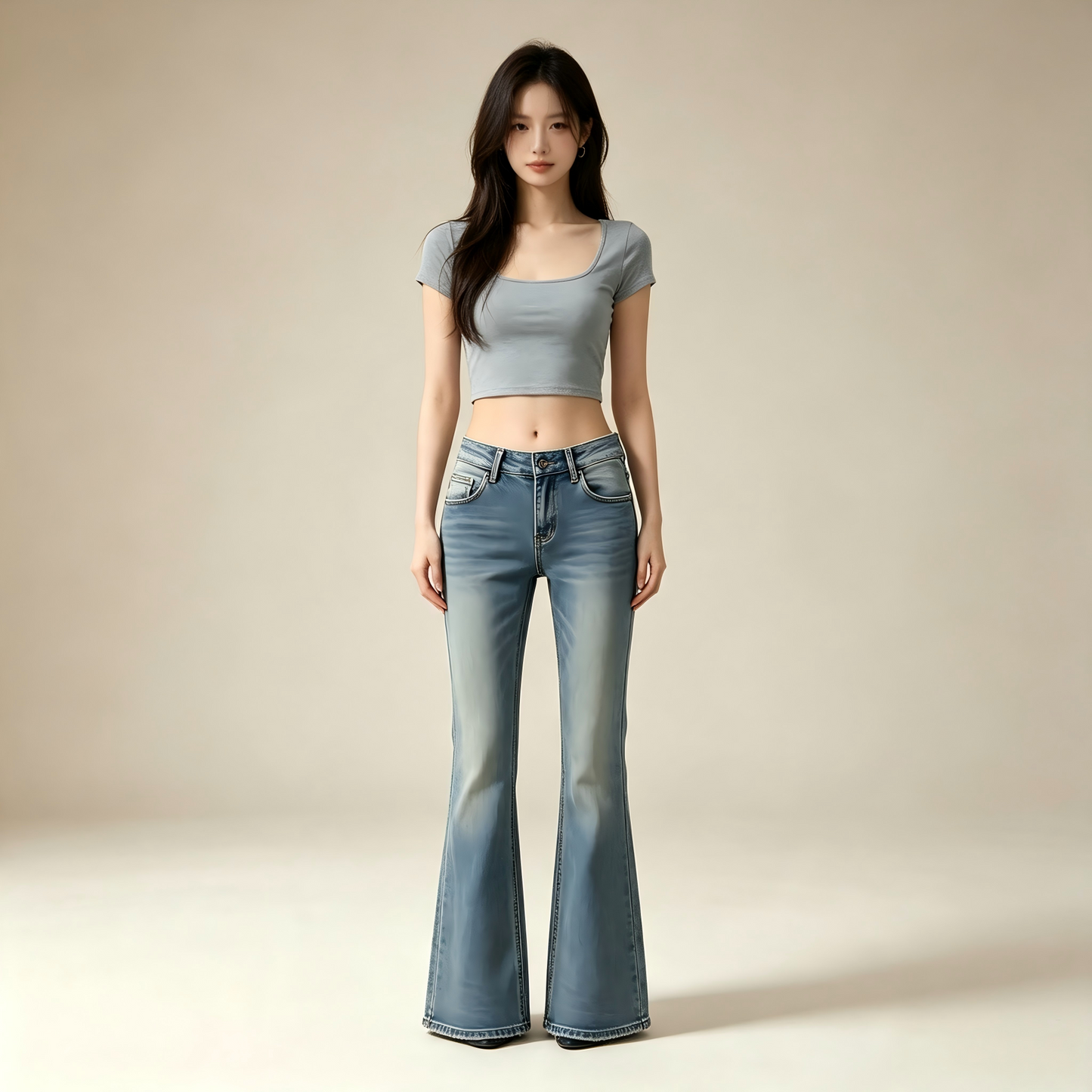 Light Pale Wash High Waist Flared Bell Bottom Jeans Women Slim Bootcut Full Length Denim Pants