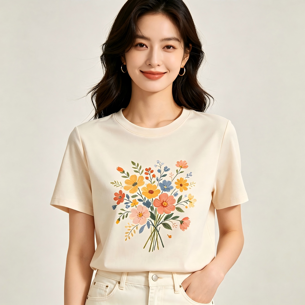 Wildflower Bouquet Embroidered-Look Casual T-Shirt