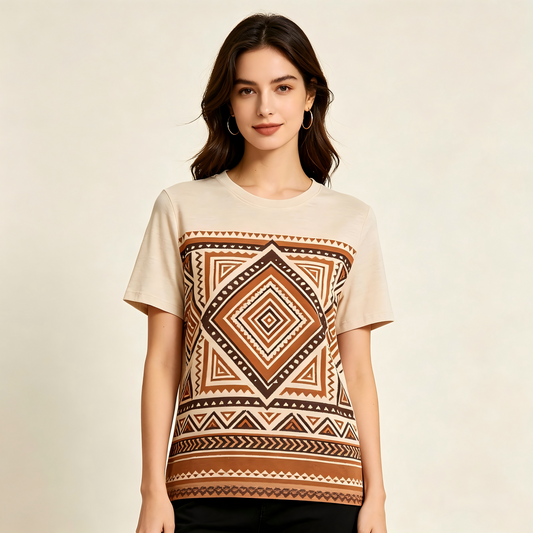 Tribal Diamond Earth-Tone Patterned T-Shirt