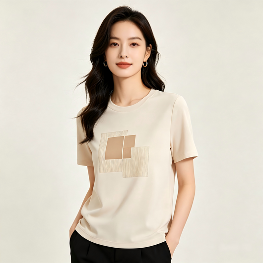 Minimalist Geometric Embroidered Casual T-Shirt