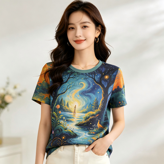 Mystic Starry Night Art Print Casual T-Shirt