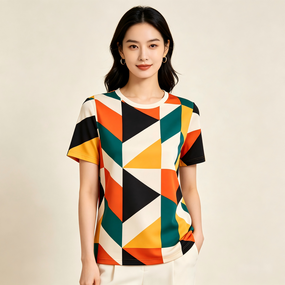 Vibrant Geometric Triangle Print Casual T-Shirt