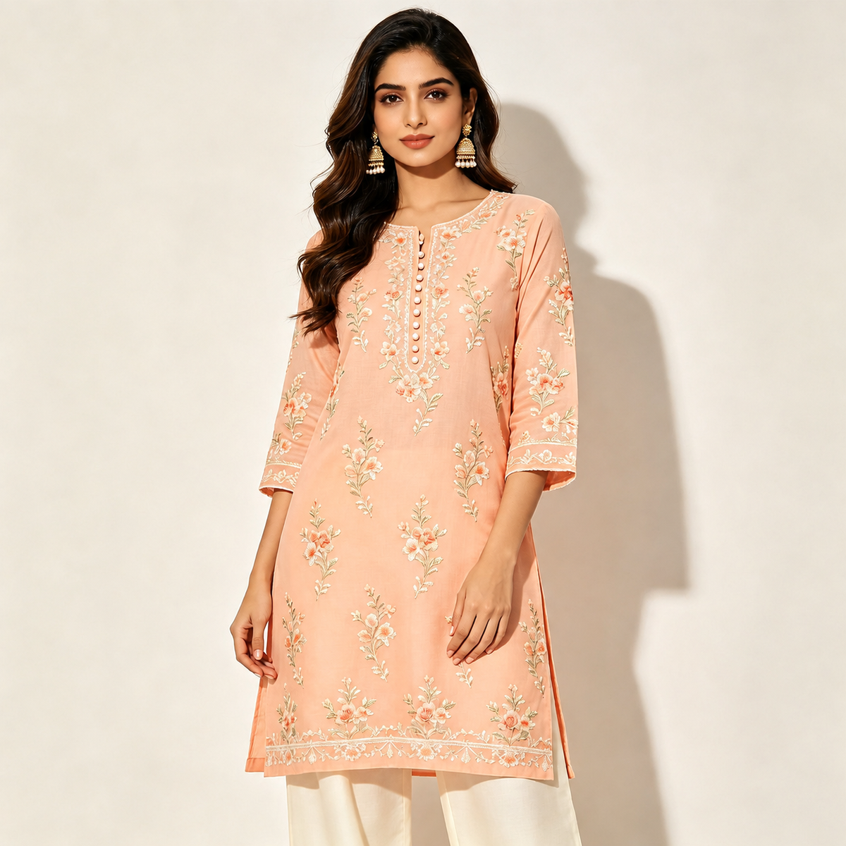 Peach Blossom All-Over Embroidered Straight Kurta