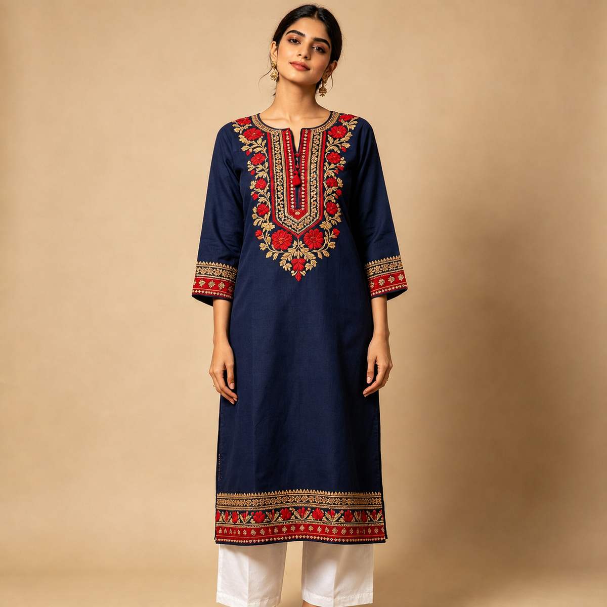 Navy Blue Red Floral Embroidered Straight Kurta