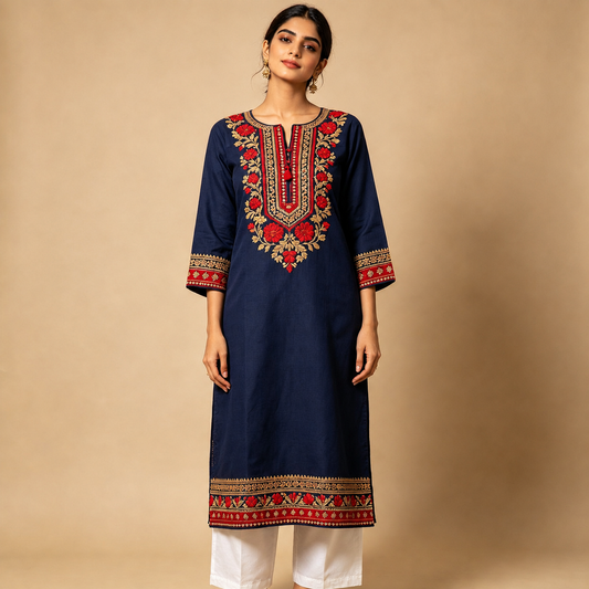Navy Blue Red Floral Embroidered Straight Kurta