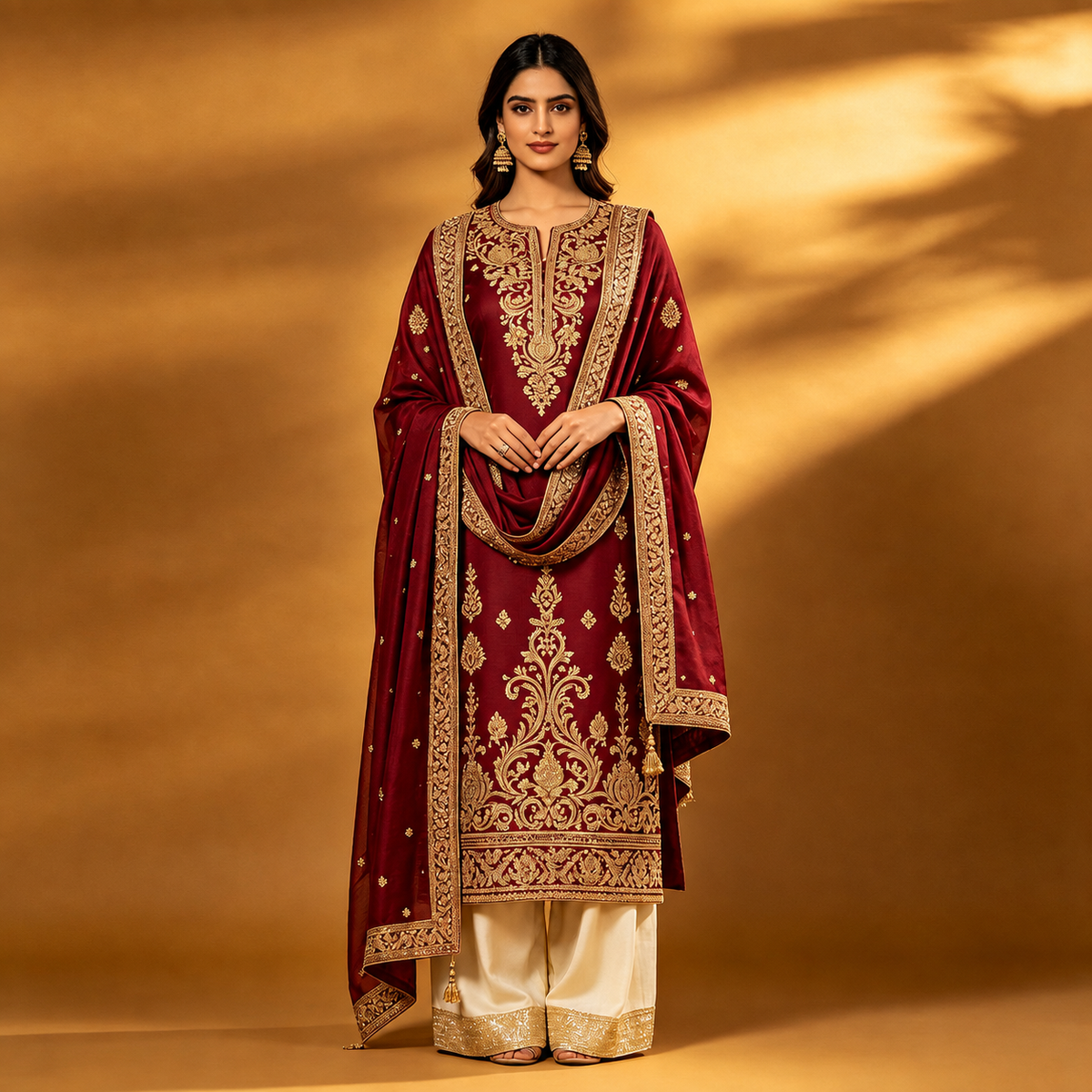 Maroon Heavy Gold Embroidered Kurta Set with Dupatta & Palazzo