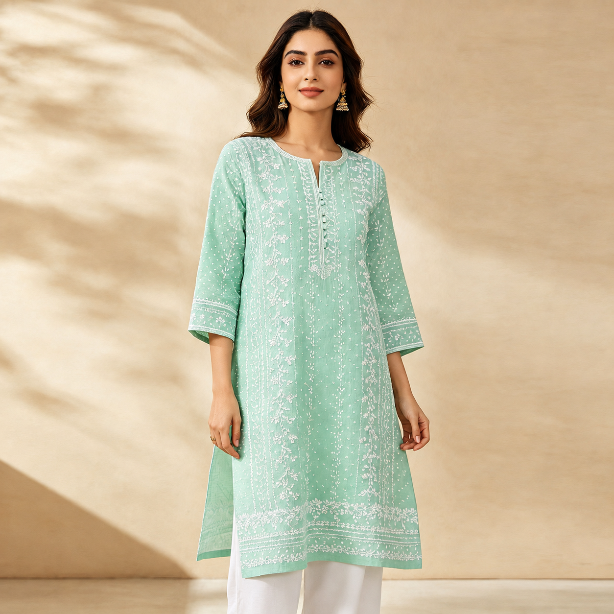 Mint Green White Chikankari Embroidered Straight Kurta