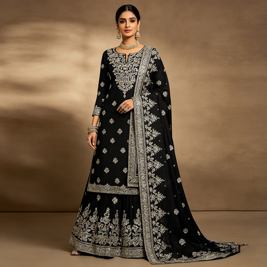 Black Silver Zari Embroidered Kurta & Lehenga Set with Dupatta