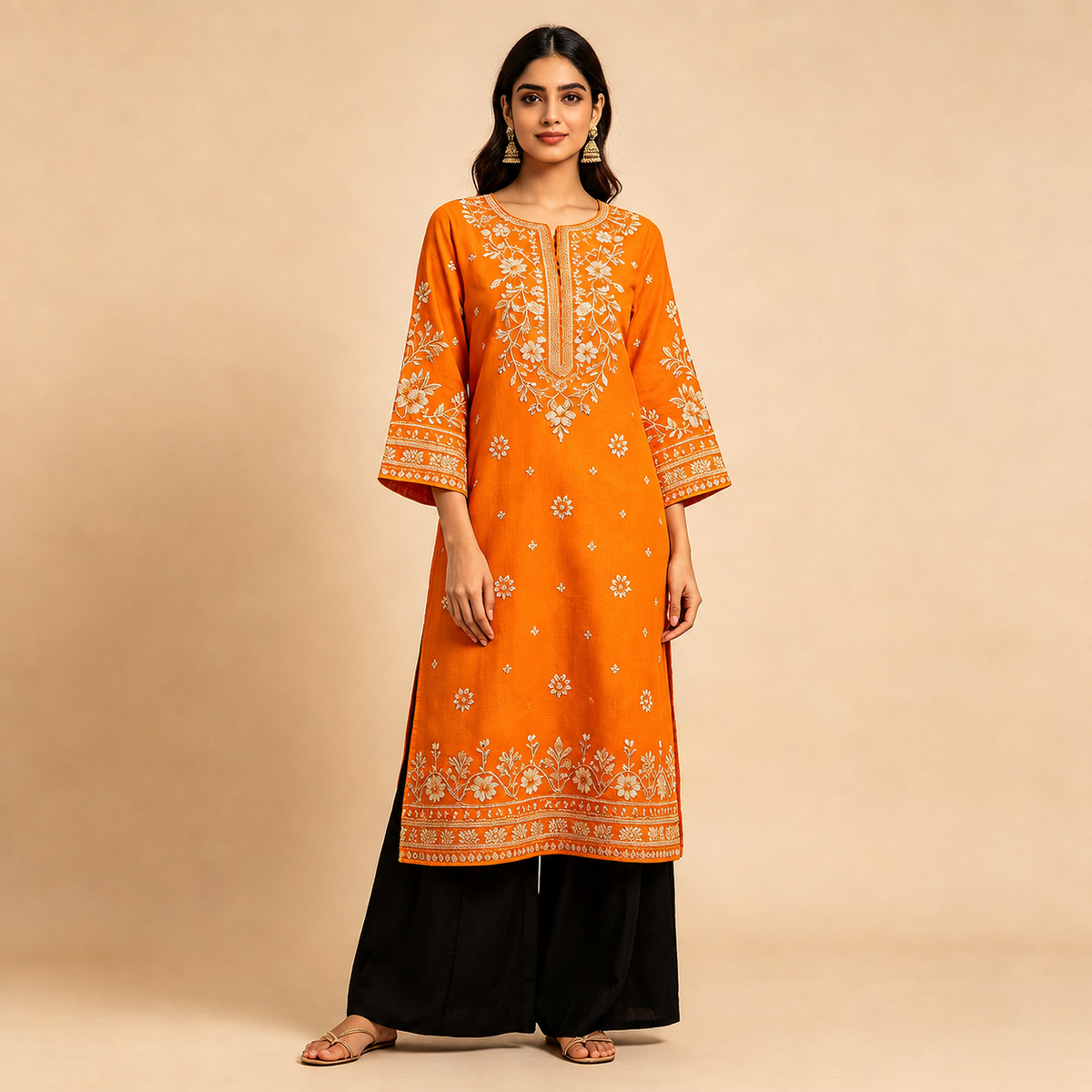 Bright Orange Floral Embroidered Straight Kurta