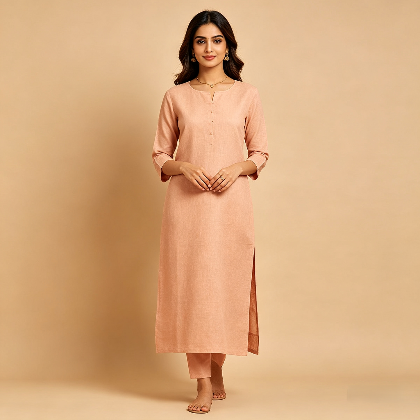 Peach Solid Textured Straight Kurta with Matching Bottoms
