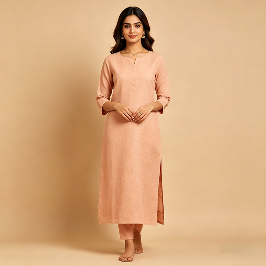 Peach Solid Textured Straight Kurta with Matching Bottoms