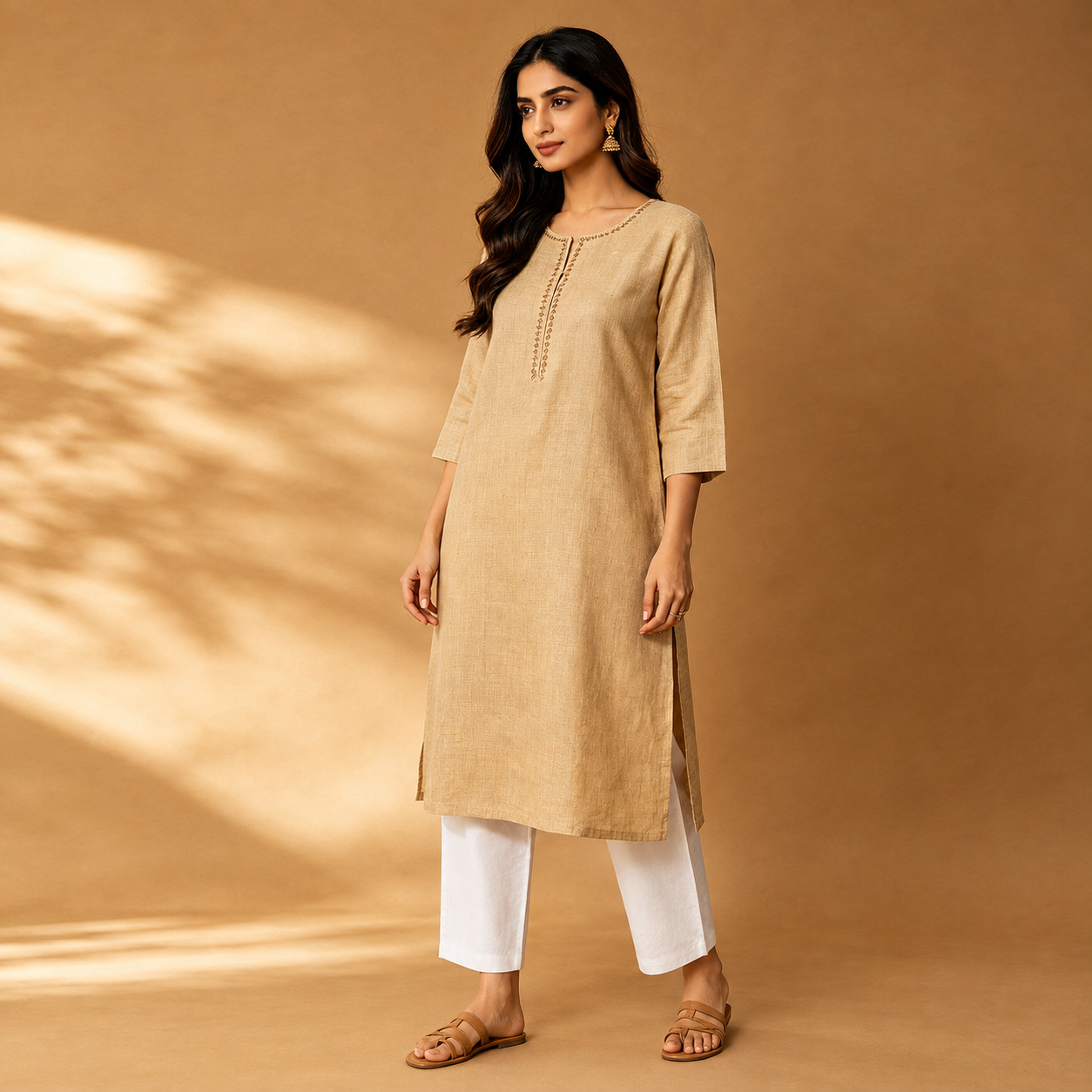 Beige Khadi Texture Embroidered Placket Straight Kurta