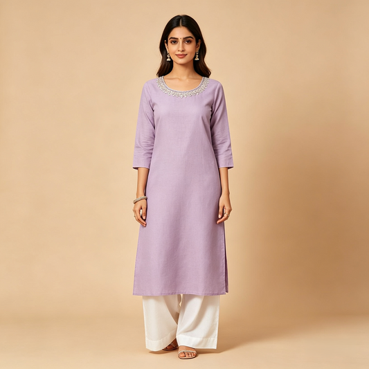 Lavender Silver Embellished Neck Straight Kurta
