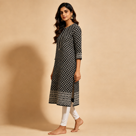 Black White Geometric Buti Print Straight Kurta
