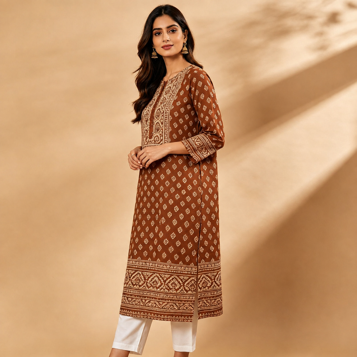 Brown Gold Buti Woven Straight Kurta